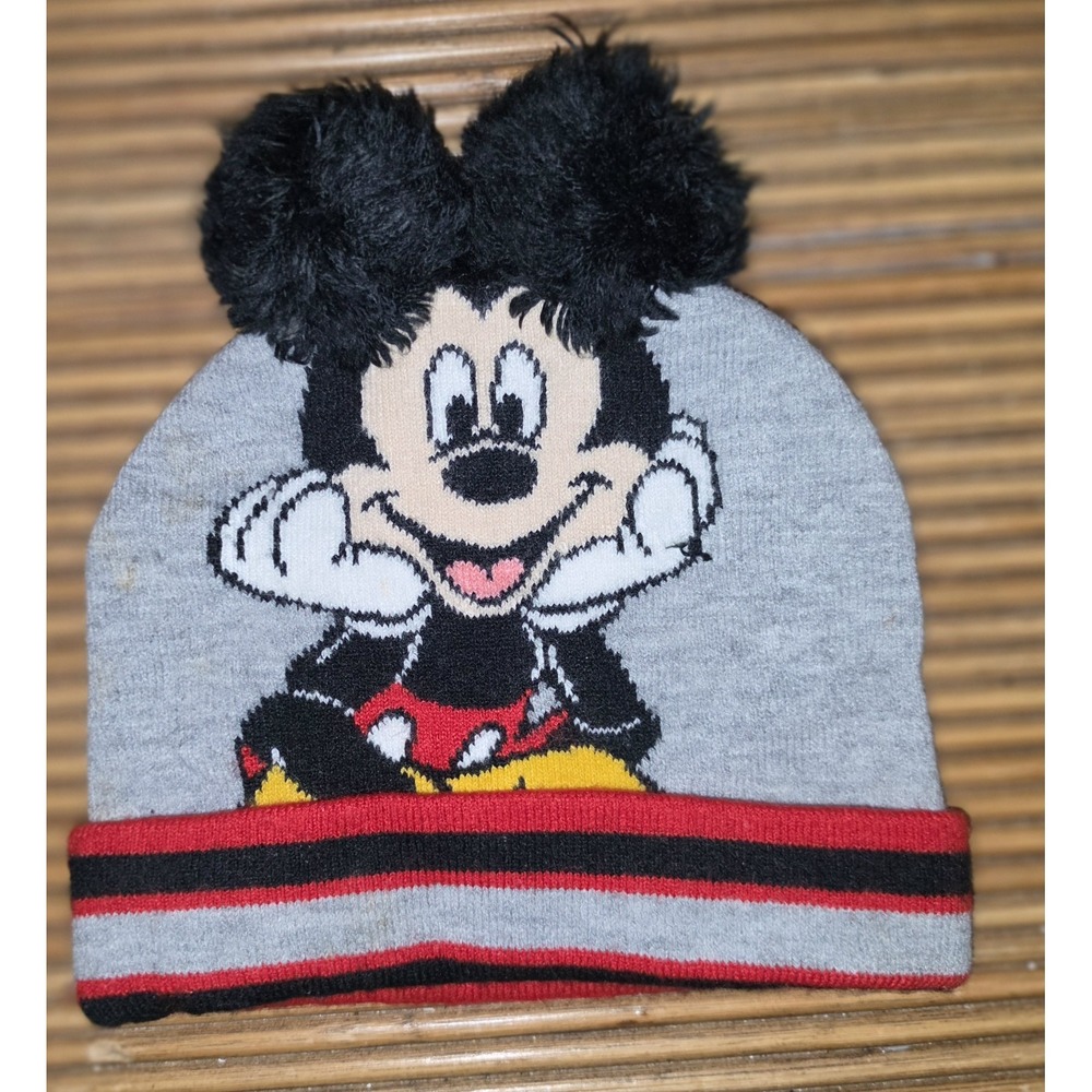 Disney Mickey Mouse Toddler Stocking Cap Beanie with Ear Pom Poms Gray Red Black